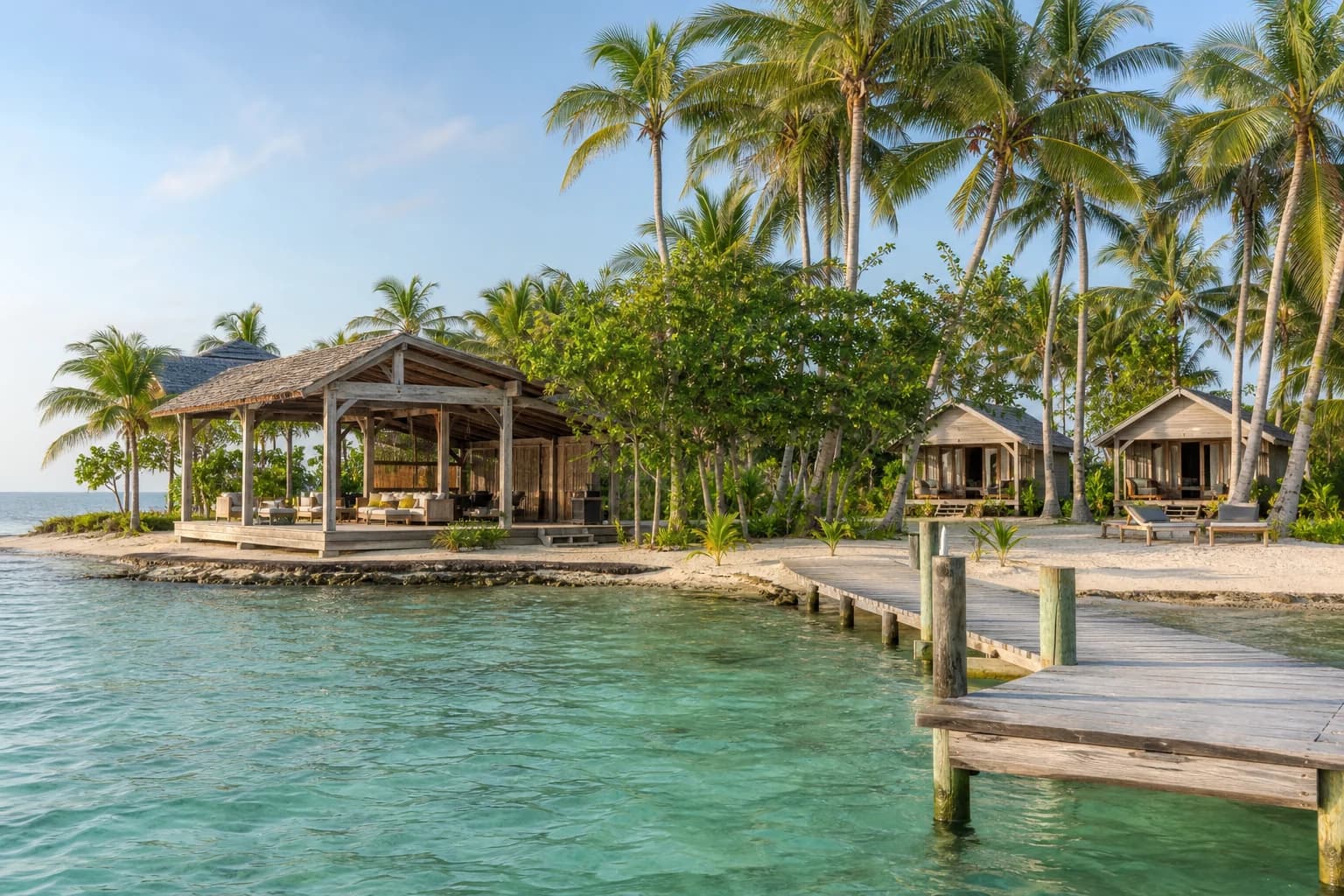 AI-generated editorial view of a relaxed timber hideaway on a private caye