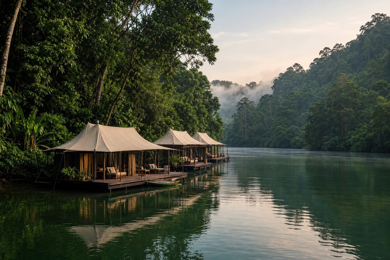 AI-generated editorial view of floating canvas villas on a tropical rainforest river