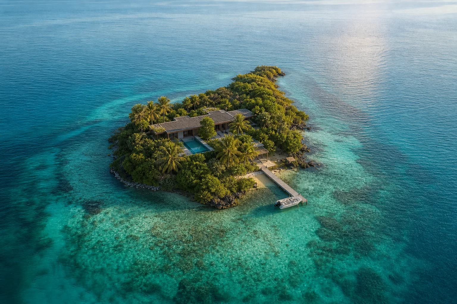 AI-generated aerial view of an ultra-private contemporary island villa