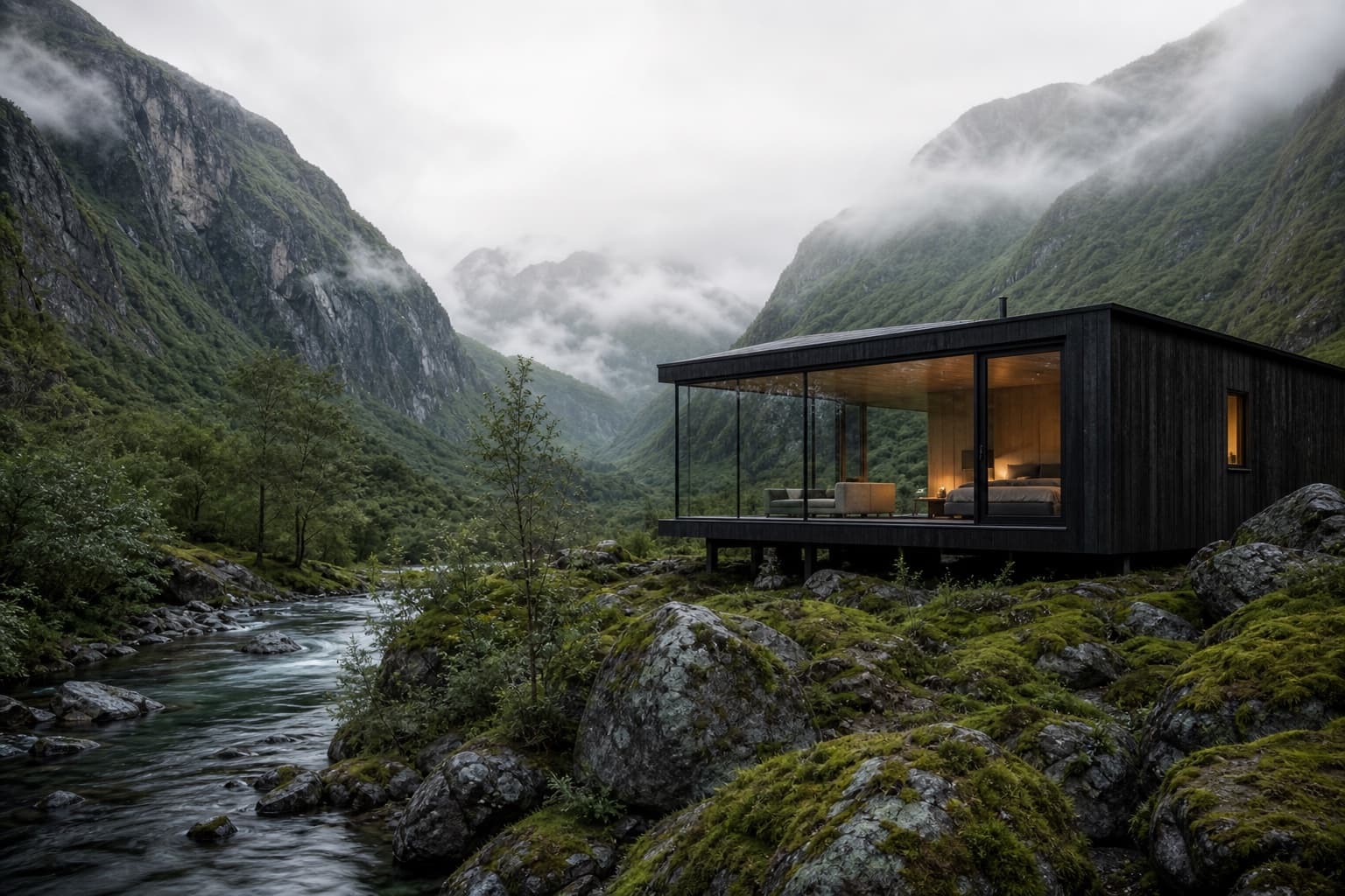 AI-generated editorial view of a glass-walled landscape cabin in a misty Norwegian valley