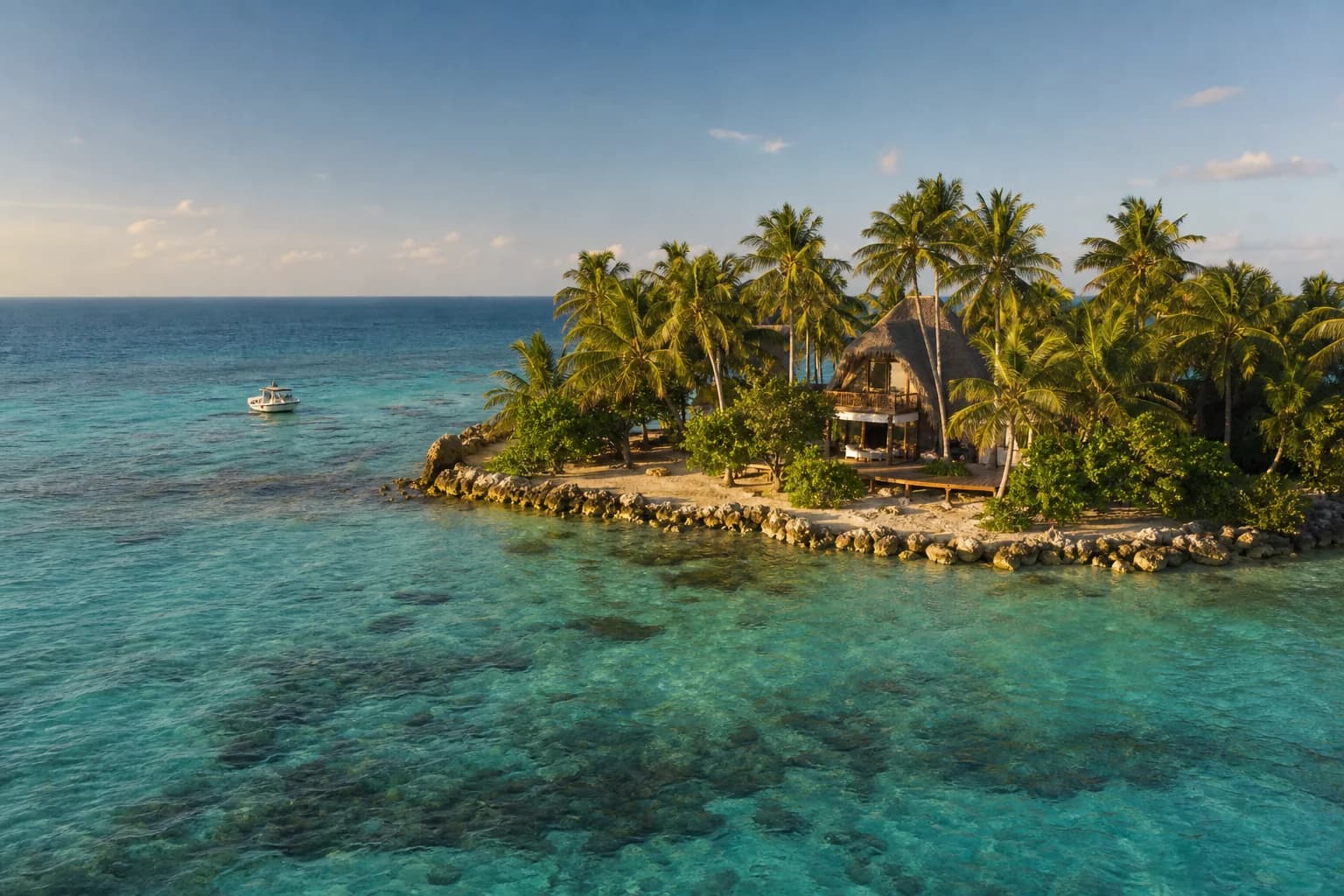 AI-generated editorial view of a tiny private Caribbean island retreat
