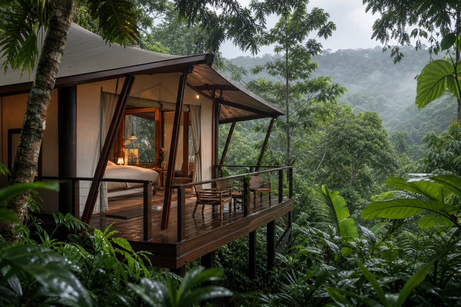 AI-generated editorial view of an elevated canvas rainforest suite