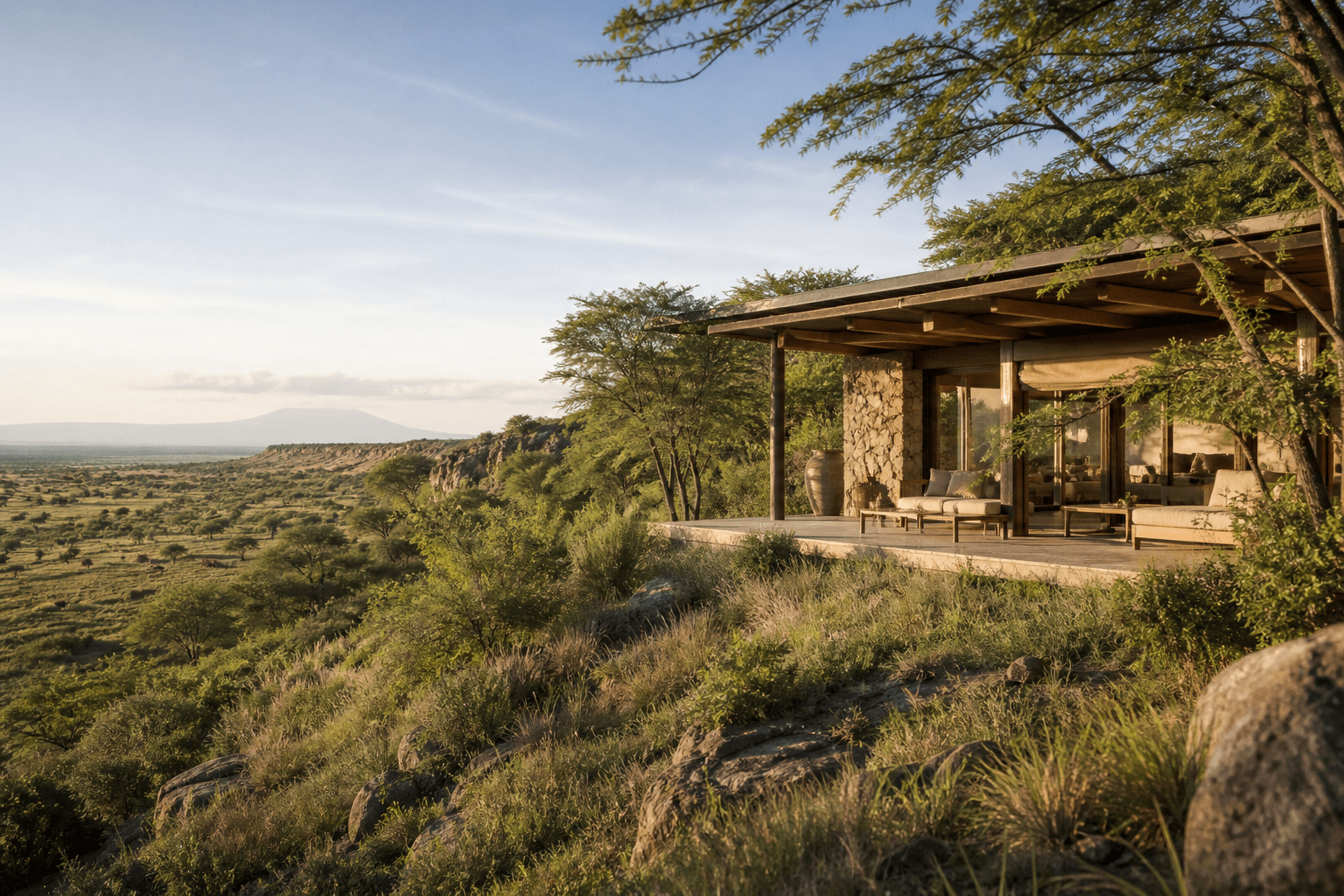 Editorial AI concept of a secluded East African conservancy retreat overlooking the savanna