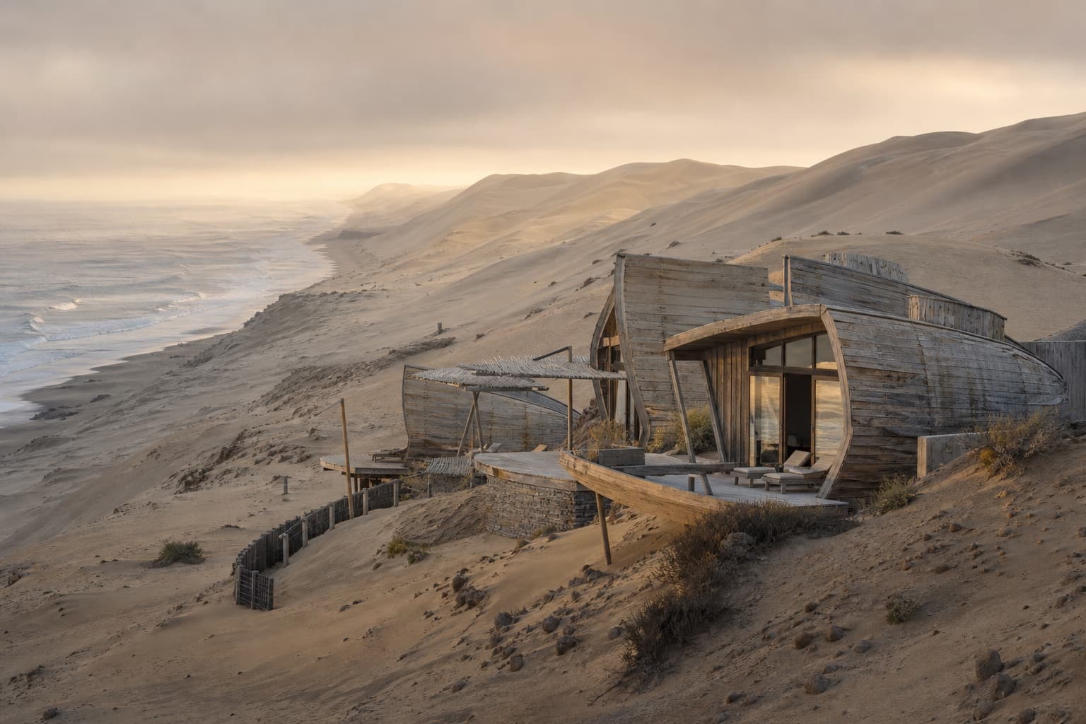 AI-generated editorial view of ship-inspired desert cabins on a remote Atlantic coast