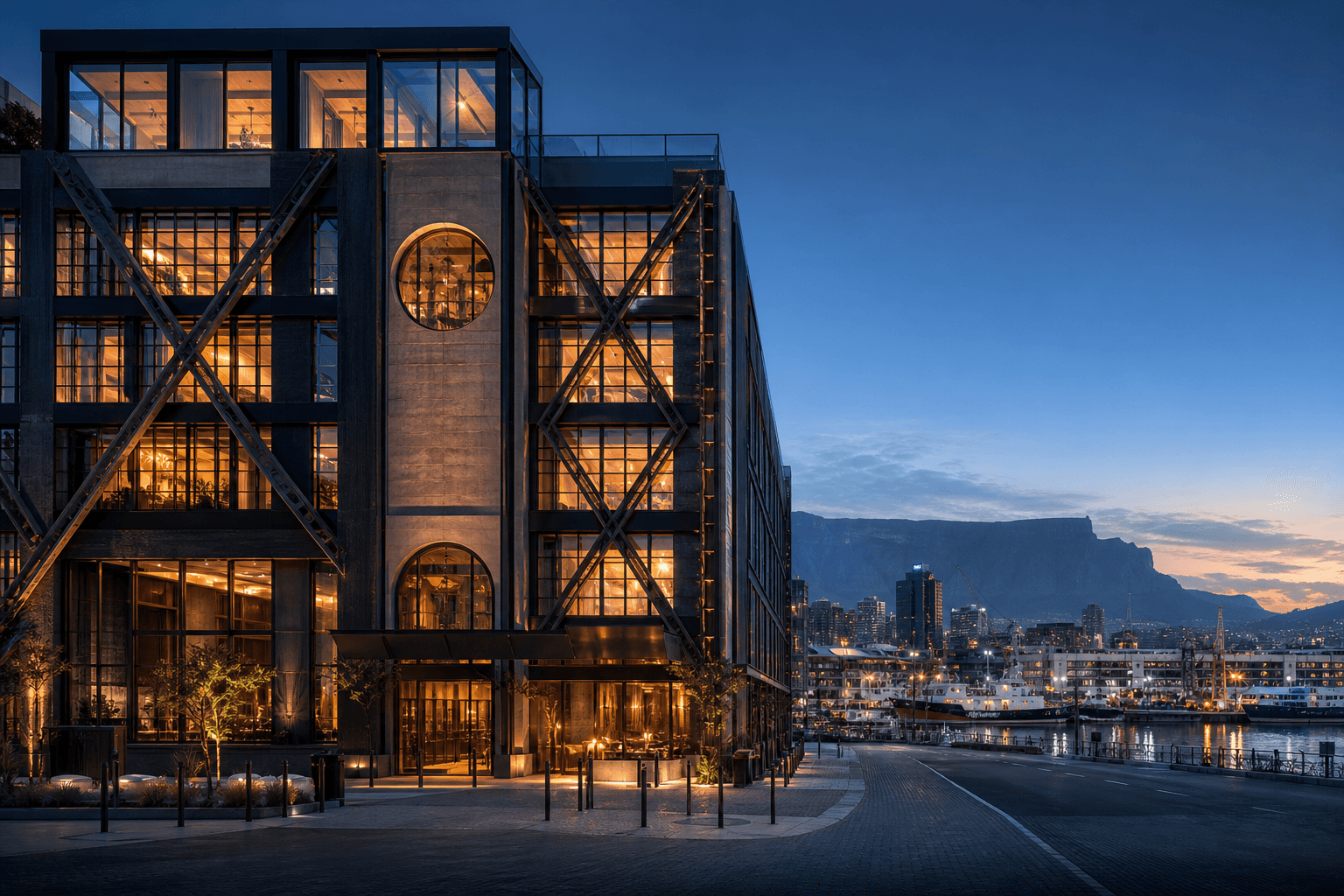 Editorial AI concept of an art-led adaptive-reuse hotel on Cape Town's waterfront at blue hour