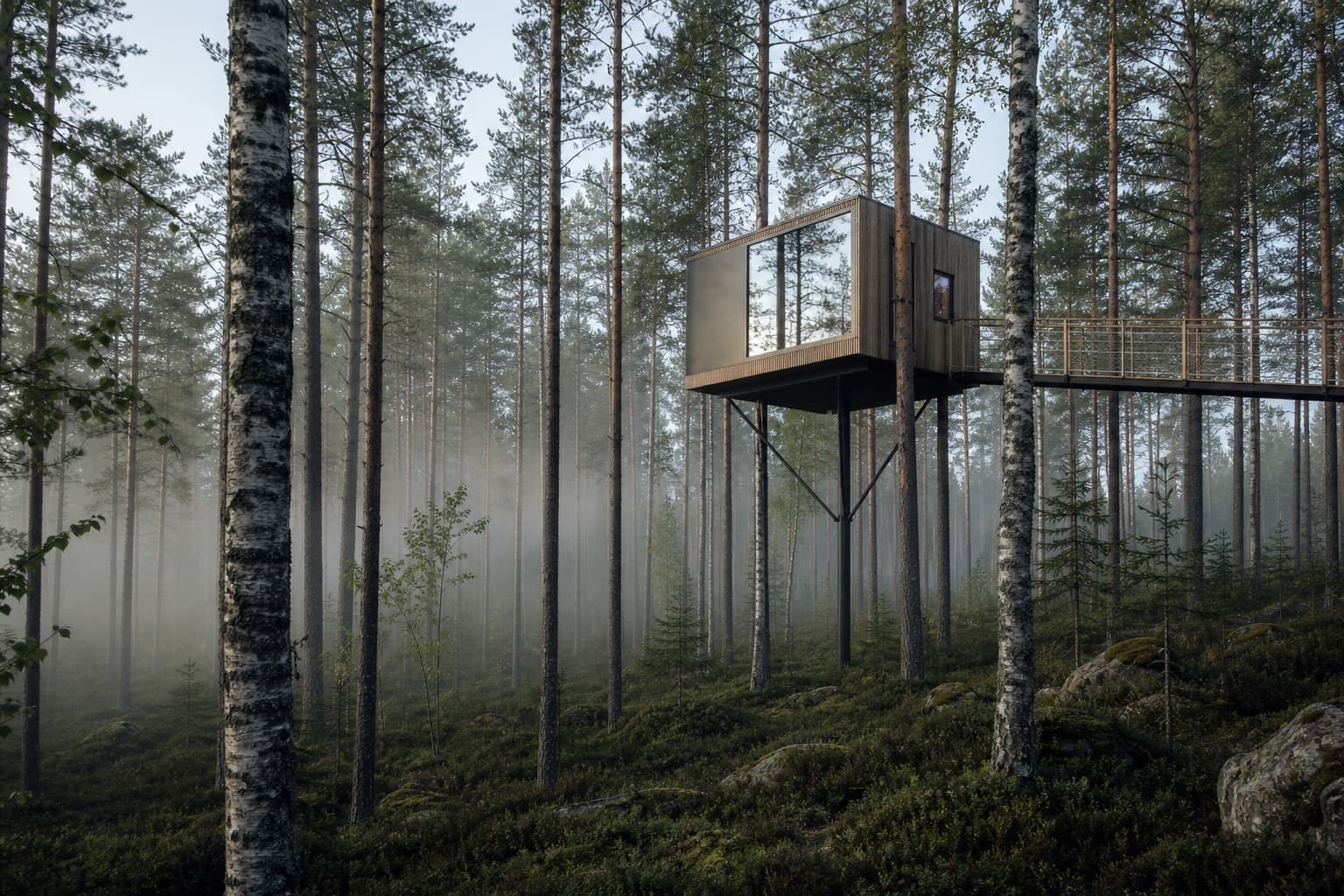 AI-generated editorial view of an elevated timber tree room in a Nordic forest
